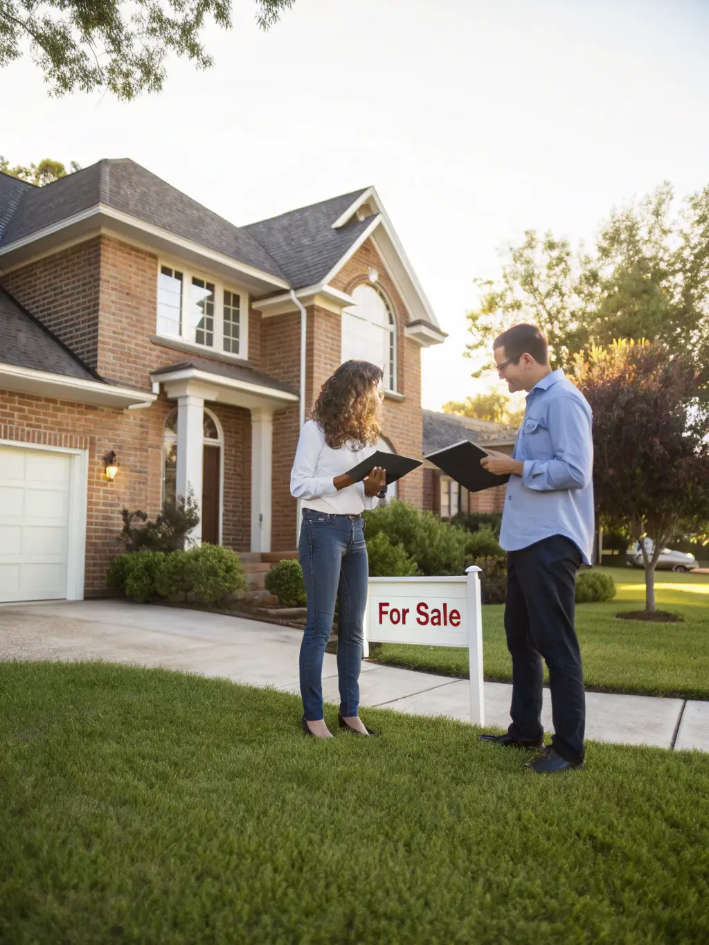 A professional team inspecting a residential property with a 'For Sale' sign in front, representing Hammer Properties Investments LLC's property acquisition service.