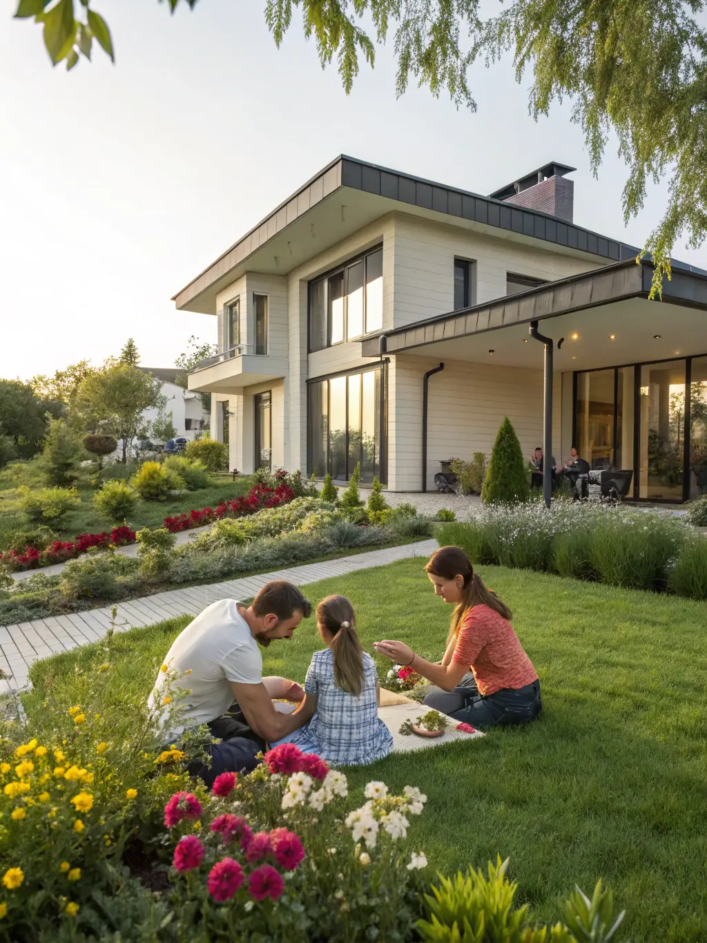 A happy family standing in front of a newly renovated house, symbolizing Hammer Properties Investments LLC's property sales service.