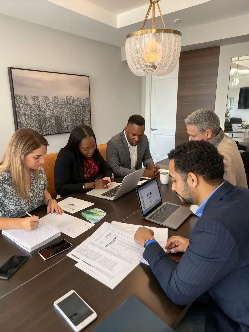 A diverse team of real estate professionals collaborating on a property investment strategy, emphasizing Hammer Properties Investments LLC's collaborative approach.
