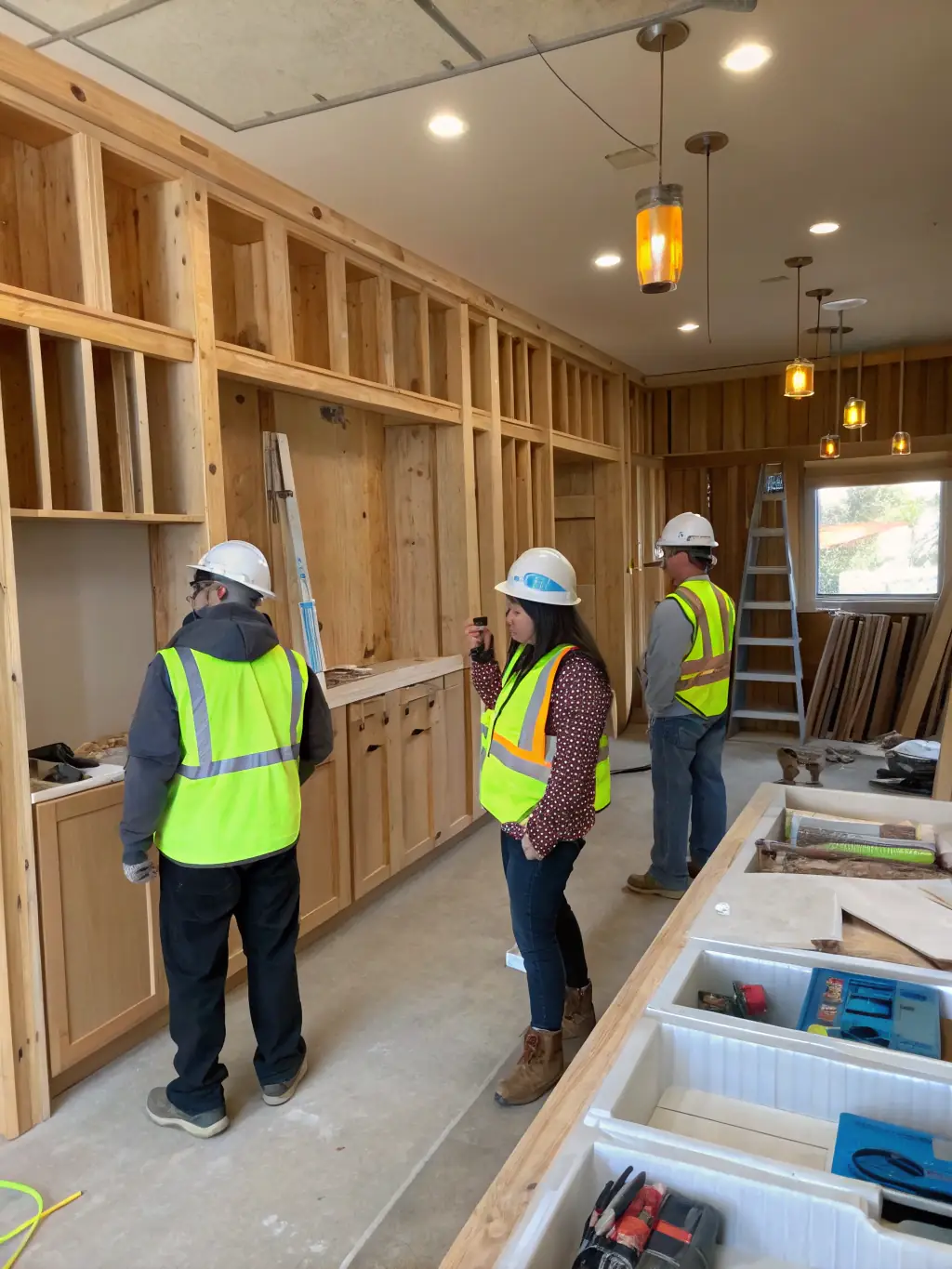 A construction crew working on the interior of a house, modernizing the kitchen and bathrooms, reflecting Hammer Properties Investments LLC's renovation expertise.